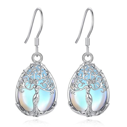 AEONSLOVE Tree of Life Crystal Earrings with Sterling Silver Ear Hooks, Dangle Drop Tree Earrings Gifts for Women - style: A01-Moonstone-Teardrop