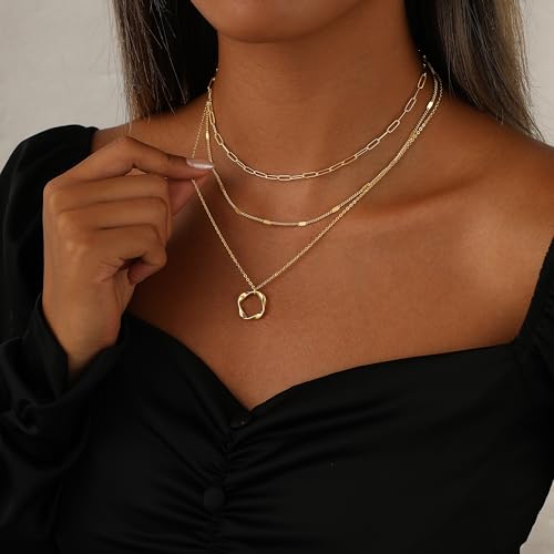 Layered Necklaces for Women 14K Gold Plated Stack Circle Pendant Trendy Long Chain Stackable Handmade Coin Necklace Set Dainty Gold Stacked Jewelry Gifts - color: Gold-8