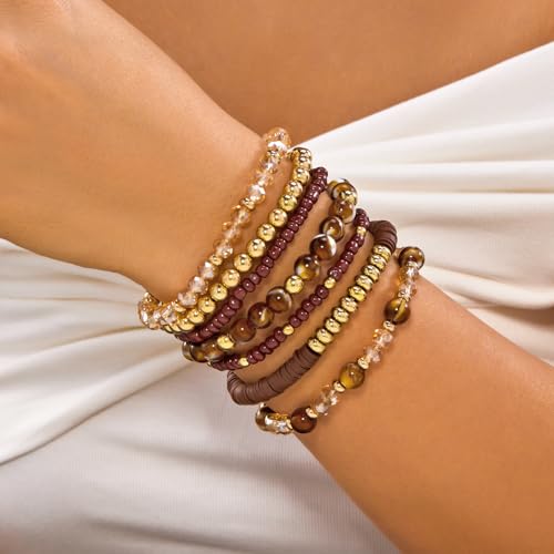 FORUBUS 7Pcs Bohemian Multilayer Stackable Beaded Bracelets Set for Women, Crystal Glass Gold CCB Beads Stretch Bracelet Pack, Summer Beach Boho Jewelry Vacation Gifts - color: Brown