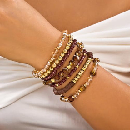 FORUBUS 7Pcs Bohemian Multilayer Stackable Beaded Bracelets Set for Women, Crystal Glass Gold CCB Beads Stretch Bracelet Pack, Summer Beach Boho Jewelry Vacation Gifts - color: Brown
