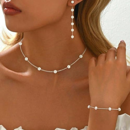 Pearl Necklaces for Women Trendy, 18K Gold/Silver Plated Layered Pearl Necklaces Dainty Pearls Choker Necklace and Earring Set Birthday Gifts for Mom Wife Daughter Sister Friends - color: Pearl Choker Set-Silver