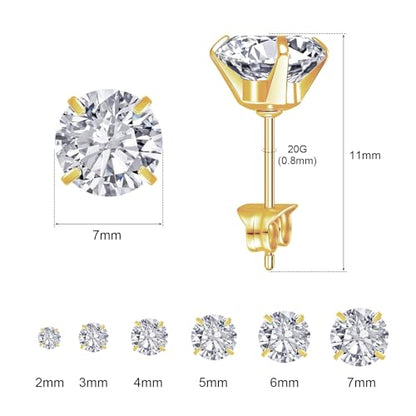 6 Pairs Stud Earrings for Women, 14K Gold Plated Hypoallergenic 316L Surgical Stainless Steel Earrings Studs Sets Cubic Zirconia Cartilage Earrings - color: Gold- 6 Pairs- 2 3 4 5 6 7mm