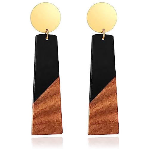 Wooden Geometric Clip On Earrings Women Gold Black Wood Non Pierced Ears Dangle Drop Earrings Triangle Leaf Comfortable Clip Earrings Jewelry - color: Trapezoid_Black+Gold