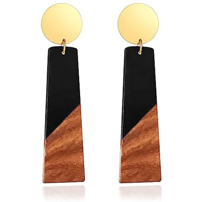 Wooden Geometric Clip On Earrings Women Gold Black Wood Non Pierced Ears Dangle Drop Earrings Triangle Leaf Comfortable Clip Earrings Jewelry - color: Trapezoid_Black+Gold