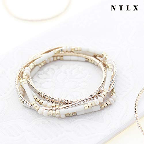 NTLX Multi Strand Beaded Stackable Stretch Bracelets for Women – Bohemian Boho Style Bracelets – Multi Color Layered Statement Bangles - style: Beige