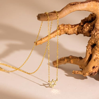Dainty Gold Necklace: 14k Gold Plated Dianty Boots Bow Sun Moon Horse Evil Eye Conch Seahorse Necklace for Women 16.5"+2" - color: Star of David