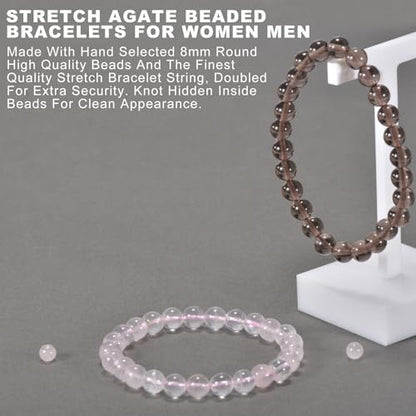 2PCS Agate Bracelet for Women Men Natural Round Beaded Agates Stone Healing Stretch Bracelets Elastic Handmade Polished Gemstone Beads Bracelet - color: Grey+Pink Quartz, size: 8mm Beads