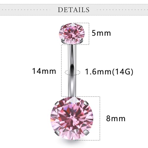 Belly Button Rings Surgical Steel Internally Threaded Belly Button Ring 10MM/12MM/14MM/16MM Navel Rings for Women Clear CZ 14G Long Bar Navel Piercing Jewelry - color: pink, size: 14mm bar length