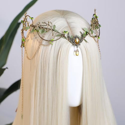 MOSTORY Woodland Elf Crown for Women - Medieval Elf Headpiece with Tassel for Renaissance Renfaire Fae Cosplay Viking Outfit - color: Gold-green