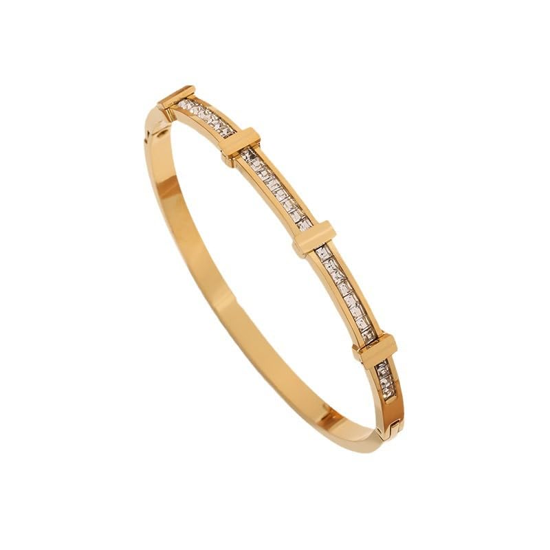 Rhinestone Open Bracelet - Double Layer Zircon Cuff Jewelry with Geometric Design | Titanium Steel Electroplated Wrist Accessory | Minimalist Bangle Bracelet for Daily Fashion Wear