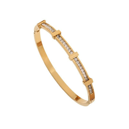 Rhinestone Open Bracelet - Double Layer Zircon Cuff Jewelry with Geometric Design | Titanium Steel Electroplated Wrist Accessory | Minimalist Bangle Bracelet for Daily Fashion Wear