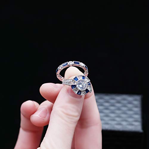 Uloveido Women's Platinum Plated Rectangular Cut Blue Cubic Zirconia 2 Pcs Engagement Wedding Band Rings Set Gift RJ497
