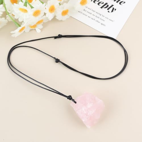 FANASY Natural Raw Crystal Necklace for Women Irregular Stone Necklaces Spiritual Gemstone Pendant with Adjustable Rope - color: Rose Quartz