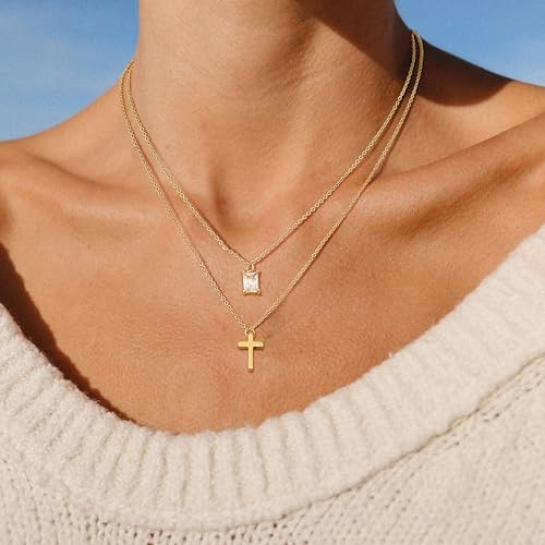 Kakonia Layered Gold Necklaces for Women, 3-Piece Gold Necklace Stack | 14K gold plated pendant necklace set, 3 dainty gold chains, trendy jewelry for women, ideal for weddings, proms or gifting - style: Cross Pendant