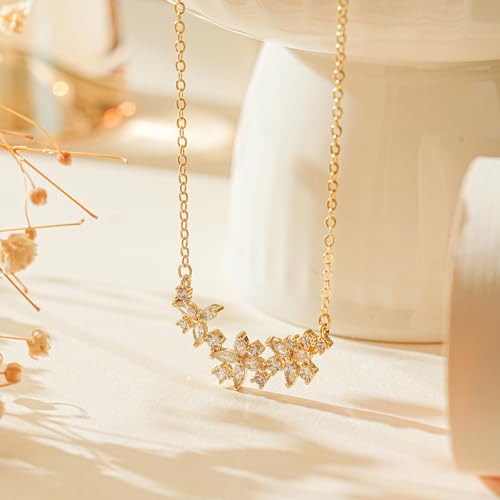 Gold Necklace for Women, Dainty 14K Gold Plated Pendant Necklaces for Women Trendy Simple Choker Chain Cubic Zirconia Circle/Interlocking/Sun/Pearl Necklace Fashion Jewelry Charm Gifts - color: CZ Flower-2