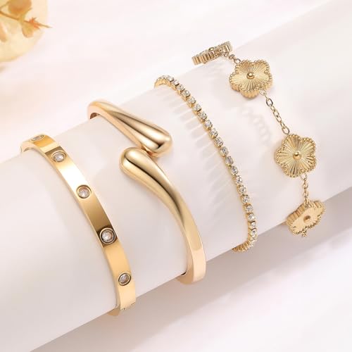 Mothers Day Gifts for Mom 18K Gold-Plated Bracelet Set – Floral Clover, Tennis, Chunky Adjustable Twist Cuff, Classic Gold-plated Bangle Stainless Steel, Non Tarnish, Stackable Bracelet Gift for Women - style: YR floral gold