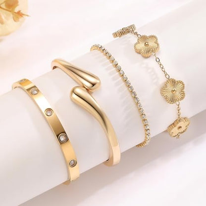 Mothers Day Gifts for Mom 18K Gold-Plated Bracelet Set – Floral Clover, Tennis, Chunky Adjustable Twist Cuff, Classic Gold-plated Bangle Stainless Steel, Non Tarnish, Stackable Bracelet Gift for Women - style: YR floral gold