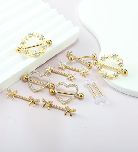 Suotarn 14G INNINipple Rings for Women 316L Stainless Steel Heart Cherry,Star Butterfly Nipple Barbell CZ Cute Nipple Rings Set Nipplerings Piercing Jewelry - color: gold