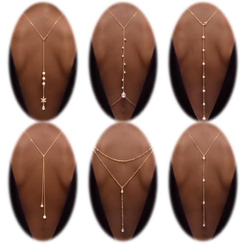 Tondiamo 6 Pack Back Necklace for Backless Dress, Bridal Wedding Rhinestone Body Jewelry, Alloy Pearl Back Necklace Set, Elegant Dress Accessories for Women Evening Gown, Party, Prom, Formal Events
