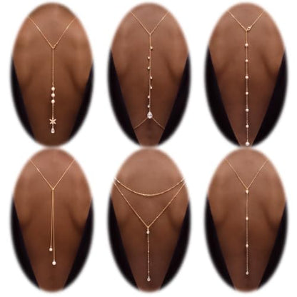 Tondiamo 6 Pack Back Necklace for Backless Dress, Bridal Wedding Rhinestone Body Jewelry, Alloy Pearl Back Necklace Set, Elegant Dress Accessories for Women Evening Gown, Party, Prom, Formal Events