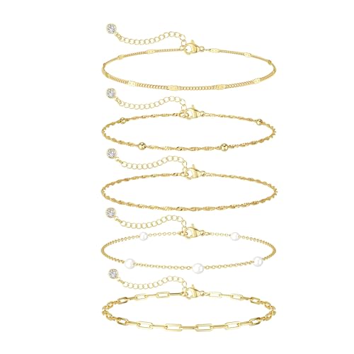 Dainty 14K Gold Plated Bracelets for Women Waterproof, Non Tarnish Gold Jewelry Sets, Thin Stackable Link Paperclip Chain Bracelet Pack Fashion Accessories Gifts for Womens - style: 5Pcs BRACELET SET-05
