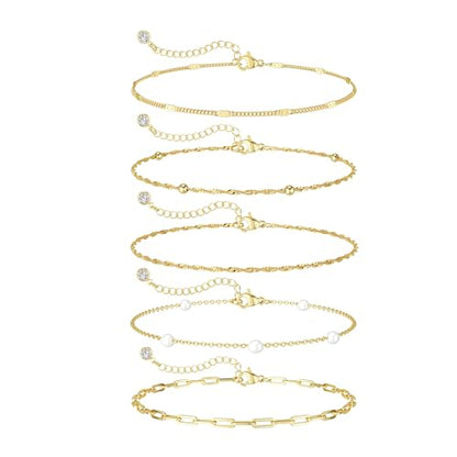 Dainty 14K Gold Plated Bracelets for Women Waterproof, Non Tarnish Gold Jewelry Sets, Thin Stackable Link Paperclip Chain Bracelet Pack Fashion Accessories Gifts for Womens - style: 5Pcs BRACELET SET-05