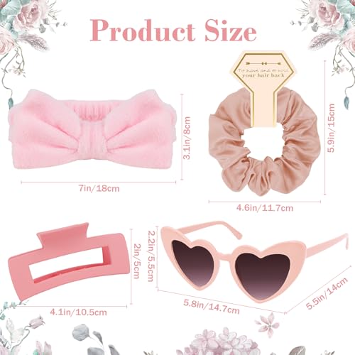 Semato 4 Pcs Pink Bridesmaid Proposal Gifts Bridesmaid Spa Headband, Hair Claw Clips, Heart Shaped Sunglasses and Smooth Satin Scrunchies - color: Pink