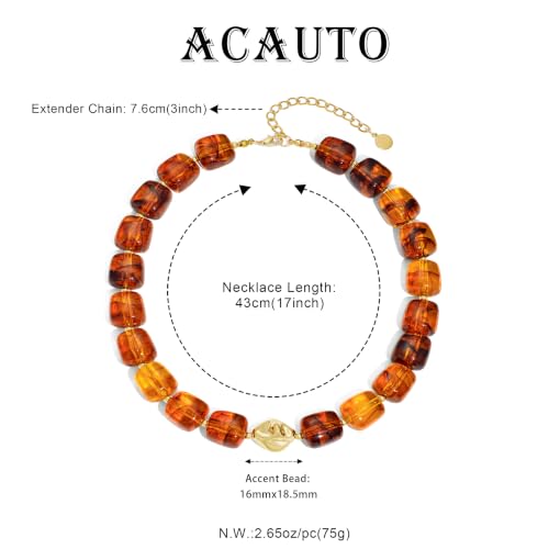 Chunky Beaded Necklace for Women,Square Resin beads boho Choker Necklace with gold-tone spacers,Fashion Trendy Summer Beach Party Necklaces Handmade Surfer Beach Necklaces Jewelry Gifts - color: Amber