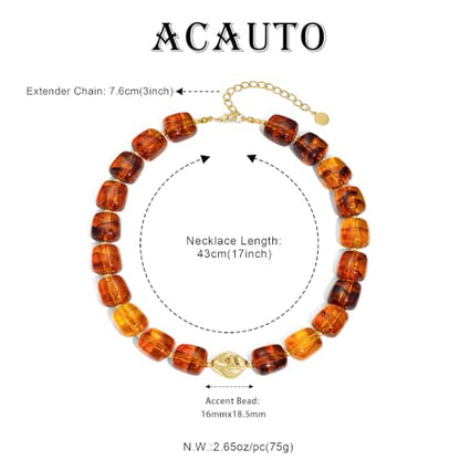 Chunky Beaded Necklace for Women,Square Resin beads boho Choker Necklace with gold-tone spacers,Fashion Trendy Summer Beach Party Necklaces Handmade Surfer Beach Necklaces Jewelry Gifts - color: Amber