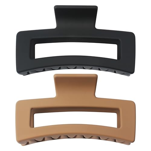XXL Jumbo Rectangle Claw Clips for Thick Hair - Strong Hold Hair Clips | Rectangle Design | Matte Finish | Non Slip | Wide Opening | 2 Pack (Black & Khaki) - color: Black & Khaki
