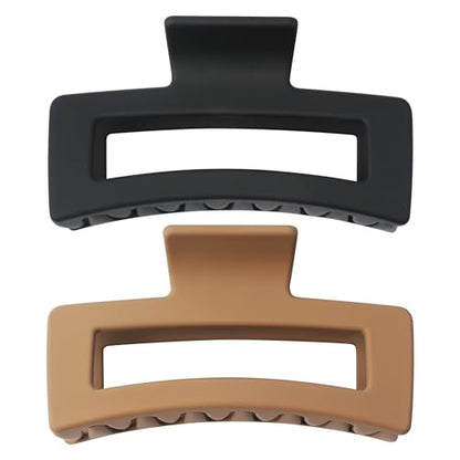 XXL Jumbo Rectangle Claw Clips for Thick Hair - Strong Hold Hair Clips | Rectangle Design | Matte Finish | Non Slip | Wide Opening | 2 Pack (Black & Khaki) - color: Black & Khaki