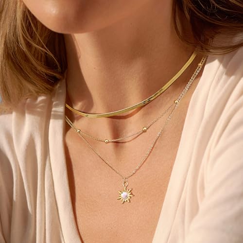 Kakonia Layered Gold Necklaces for Women, 3-Piece Gold Necklace Stack | 14K gold plated pendant necklace set, 3 dainty gold chains, trendy jewelry for women, ideal for weddings, proms or gifting - style: Sun Pendant
