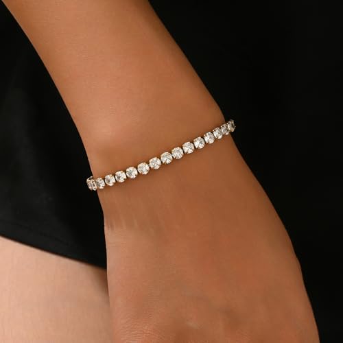 18K Gold Plated Tennis Bracelets for Women, Adjustable Cubic Zirconia Bracelet with Multi-color 4mm CZ Diamond Paperclip Chain, Dainty Trendy Birthday Bridal Jewelry Gifts for Women Daily Party Wear - color: White