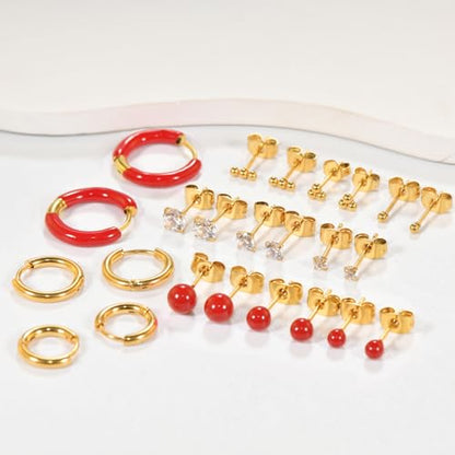 12 Pairs Stud & Hoop Earrings Set for Women 2-5mm Colorful Ball & Cubic Zirconia Stud earrings 8/10/12mm Hoop Earrings Hypoallergenic Stainless Steel Jewelry Gift Collection - color: Red