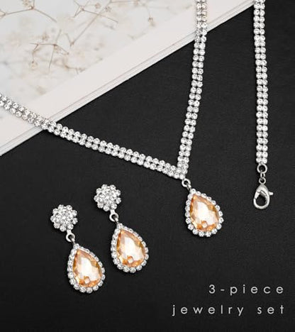 Elegant Silver Crystal Wedding Necklace Earrings Bracelet Jewelry Set for Women Brides Bridesmaids Prom Party Costume Accessory Bridal Jewelry - color: silver-champagne