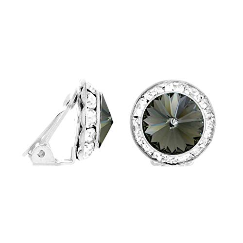 Rosemarie & Jubalee Women's Timeless Classic Statement Clip On Halo Earrings Made With Premium Crystals - color: 15mm, Black Diamond Silver Tone