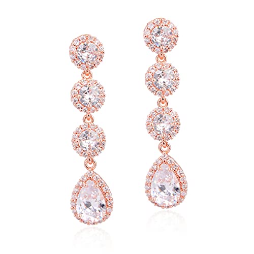 Women's Cubic Zirconia Bridal Earrings - Elegant Long Wedding Party Prom Earring for Bride Bridesmaids Crystal CZ Rhinestone Chandelier Statement Dangle Drop Earrings for girls - color: Clear-rose gold
