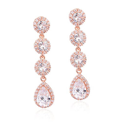 Women's Cubic Zirconia Bridal Earrings - Elegant Long Wedding Party Prom Earring for Bride Bridesmaids Crystal CZ Rhinestone Chandelier Statement Dangle Drop Earrings for girls - color: Clear-rose gold