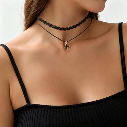 Black Necklaces for Women,Adjustable Layered Collar,Goth Jewelry - color: Double-Layer Cross