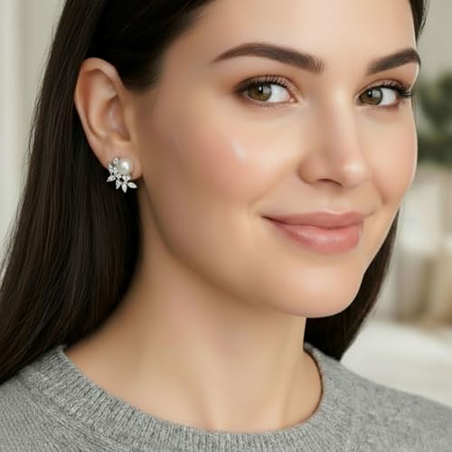 Mariell Pearl & Marquise CZ Crystal Wedding Earrings for Bride, Bridesmaids & Mother of the Bride - color: Silver