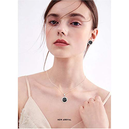 Bridal Crystal Jewelry Set - Sterling Silver Round Cubic Zirconia CZ Rhinestone Halo Birthstone Pendant Necklace Stud Earrings Set for Wedding Bride Bridesmaids Birthday Gift - color: Black