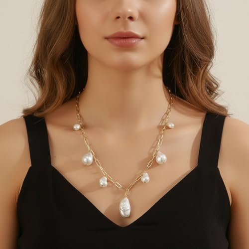 Chunky Pearl Necklaces for Women Chunky Baroque Pearl Beaded Gold Chain Link Pearls Pendant Necklace White Pearls Necklace Valentine's Day Jewelry Gifts Party Prom Birthday Outfits Accessorie - style: Golden Chain, Seven Pearls