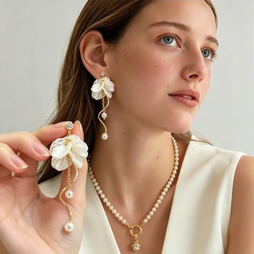 White Flower Petals Dangle Earrings Long Pearl Drop Earrings for Women | 14K Gold Plated Hypoallergenic Lightweight Elegant Floral Tassel Dangling Earrings for Wedding Graduation Pom Party