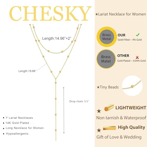 CHESKY Lariat Necklace for Women，14k Gold/Sliver Plated Layered Necklace | Gold/Sliver Long Necklace，Dainty Cross Pendant, Wedding Y-Shaped Drop Chain, Waterproof Jewelry Gift for Women Everyday Wear - style: Y Bead-GD