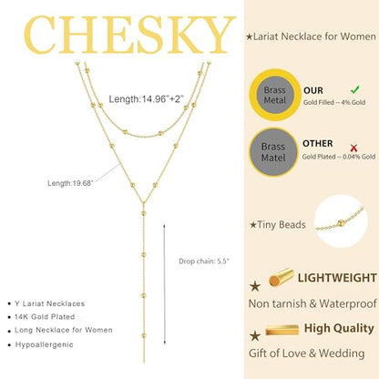 CHESKY Lariat Necklace for Women，14k Gold/Sliver Plated Layered Necklace | Gold/Sliver Long Necklace，Dainty Cross Pendant, Wedding Y-Shaped Drop Chain, Waterproof Jewelry Gift for Women Everyday Wear - style: Y Bead-GD
