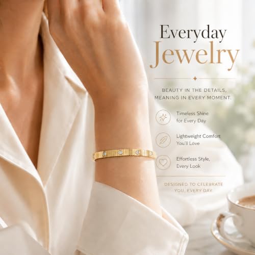 AuraLyric Gold Bracelets for Women, 14K Gold Plated Nail/Love/Emerald Green/Teardrop/Round White CZ Bangle Bracelets, Stackable Gold Bangles Non Tarnish, Gifts for Wife Mom Daughter 6.5 Inch - color: White CZ - Bezel Set