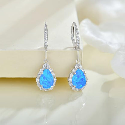 Created Opal Earrings 925 Sterling Silver Leverback Drop Dangle Earrings 5A Cubic Zirconia Jewelry for Women - color: B blue opal