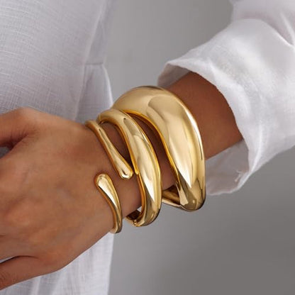 Chunky Gold Bangle Bracelets for Women, 14k Gold Plated Trendy Stackable Bangles Set, Dainty Cuff Bracelet Stack Jewelry for Gifts - color: Gold-F-Chunky