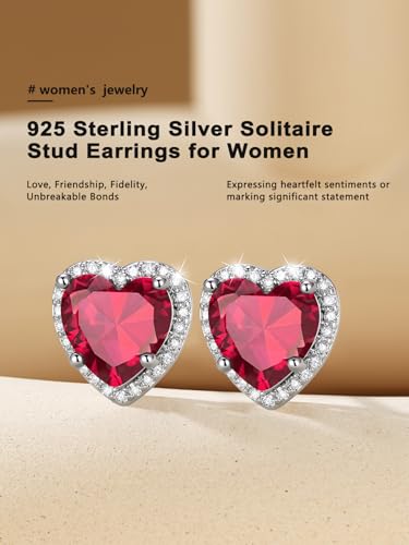 Bestyle Authentic 925 Sterling Silver 2 Carat Birthstone Earrings for Women, More Sparkle Heart/Round Solitaire Diamond Studs Earrings, Great Birthday/Christmas/Anniversary Jewelry for Wife Mother - color: 07. July Ruby-Heart