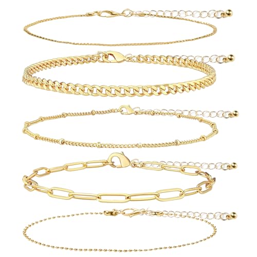 Women’s 14K Gold Plated Ankle Bracelet Set, Waterproof Cuban Figaro Link Chain – Adjustable Boho Chic Summer Anklets